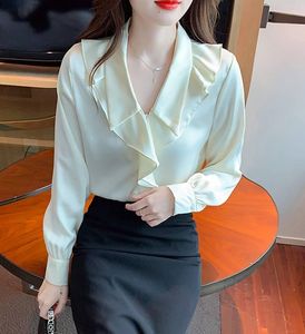 Women's Polos 2023 Autumn Ruffled Satin Shirt Women's High-End French Professional Tops