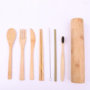 Set di stoviglie 7 pezzi/set Set di posate Ecologico riutilizzabile in legno Utensili portatili Cucchiaio Bacchette Scatola di immagazzinaggio da campeggio