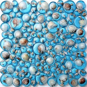 Wall Stickers Mediterranean Blue Round Resin Shell Mosaic Tile DIY Decoration 7 Color Options 11 Sheets/pack