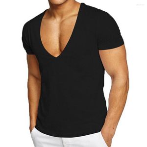 Erkek Tişörtleri Avrupa ve Amerikan artı Beden Erkek Fitness Sporları Kısa Kollu 100 Pamuklu Derin V-Neck T-Shirt Yaz