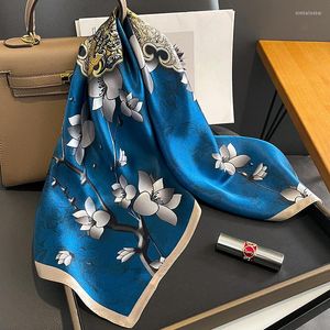 Szaliki niebieski jedwabny szalik kobiety czysta natura kwadratowa szyja chustka faulard żeńskie szalę owijanie 70x70cm pasma do włosów moda