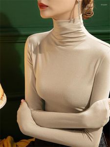 여자 T 셔츠 겨울 가을 패션 단색 거북 목이 긴 소매 티셔츠 여성 간단한 캐주얼 슬림 핏 풀 오버 바닥 탑