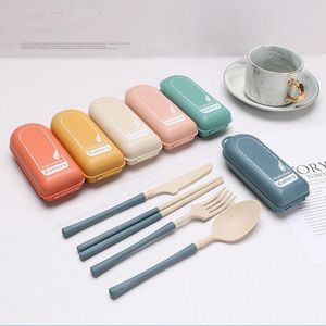 Dinnerware Sets 4pcs Portable Cultery Set Eco-friendly Wheat Straw Chopsticks Knife Spoon And Fork With Box Lunch Bento Accessories