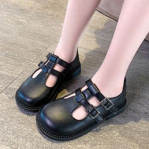 Flat Shoes Vintage Style Solid Color Fashion Girls Leather Princess High Quality All Match Old Kids Black T21N07LS-07