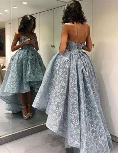 Dusty Blue Prom Vestidos D Floral Lace Applique Alta Baixa Querida Decote Custom Made Ruched Vestidos de Festa de Noite Vestidos Formais Ocn Wear