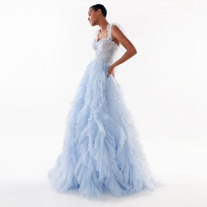 Casual Dresses Custom Made Formal Sweetheart Lush Poshoot Sky Blue Layered Tulle Prom Gowns Flare Sexy Extra Ruffle Spaghetti