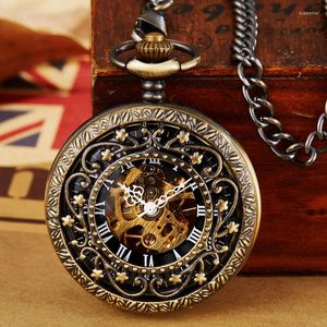 Pocket Watches Vintage Mechanical Watch with Fob Chain Hollow Hand Winding Pendant Clock Män kvinnor Guldbrons gåva