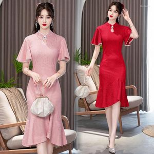 Etniska kläder plus storlek 4xl Summer Elegant Retro Slim Improved Cheongsam Lace Dress Fashion Casual Dinner Party Prom Midi Dresses