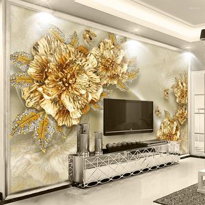 Sfondi Stile Europeo 3D Stereo Lusso Oro Diamanti Fiori Gioielli in seta Murales Carta da parati Soggiorno El Sfondo Decorazione del panno da parete