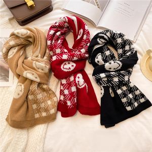 Lenços design sorriso imprimir lenço de malha de inverno para mulheres estilo coreano lã quente yarm deckerchief silenciador lady skinny shawl bufandas
