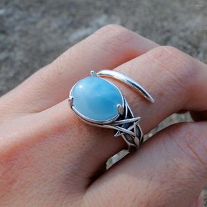 Cluster Rings Antique Resizable Ring 925 Sterling Silver Oval Cut 9x11mm Natural Dominica Larimar Engagement Wedding Star For Women