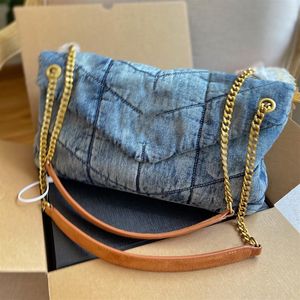 Designer Loulou Puffer Washed Denim Messenger Bag France Brand Women V Quilted Thread Crossbody Handbag Lady Double Chain Straps S294q