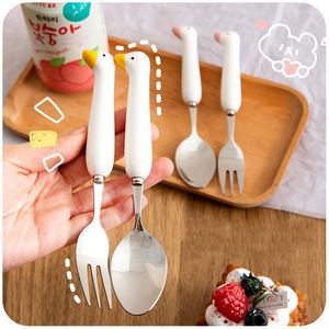 Dinnerware Sets Kawaii Duck Spoon Fork Cutlery Set For Kids School Cute Korean Portable Travel Stainless Steel Tableware Kitchen Utensils