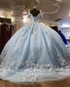 Niebieskie sukienki z Quinceanera Sky D Floral Lace Applique Ręcznie robione kwiaty krótkie rękawy Szyja szyi na zamówienie Tiul Słodka księżniczka