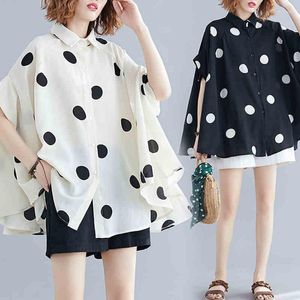 Kvinnor BLOUSES Fashion Woman 2023 Summer Korean Polka Dot Large Tunics Short Sleeve Blue and Top Women Chemise Oversize Femme 5453