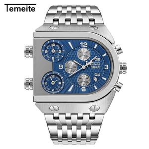 Temeite Top Brand Men's Big Dial 3 Time Zone Business Square Quartz Watches Men Military Waterproof Wristwatch Relogio Mascul258r