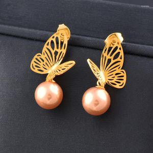 Stud Earrings SINLEERY 316L Stainless Steel Champagne Pearl Hollow Butterfly Women Bridal Elegant Wedding Party Jewelry SSB