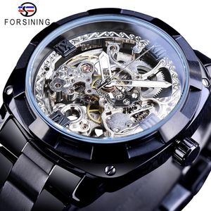 Forsining uomo scheletro orologio meccanico automatico nero trasparente ingranaggi cinturino in acciaio inossidabile orologi vintage per uomo vestito Gift253u