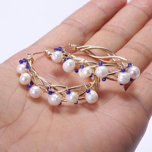 Hoop Earrings 5pairs Women Jewelry Natural White Freshwater Pearl Beads Blue Red Black Glass Beaded Gold Wire-wrapped Vine Charm