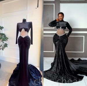 Prom Black Dresses Mermaid Long Sleeves Satin Pearls Beaded Illusion Waist High Neck Custom Made Ruched Evening Party Gowns Vestidos Formal Ocn Wear