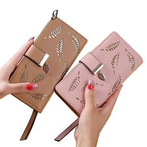 Women Wallet PU Leather Purse Female Long Wallet Gold Hollow Leaves Pouch Handbag For Women Coin Purse Card Holders Clutch wholesa191I