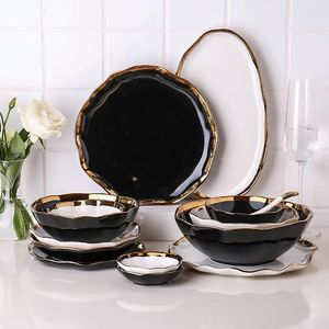 Plates Ceramic White/Black Tableware Set And Bowls Dinner Plate Dessert Dishes With Gold Wave Rim Dinnerware For Home