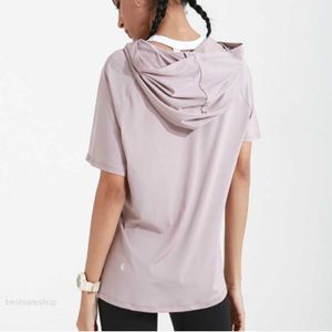 Lu Lu Lemens nuovo yoga da donna a maniche corte tinta unita sciolto fitness all'aperto sport traspirante top con cappuccio buon top