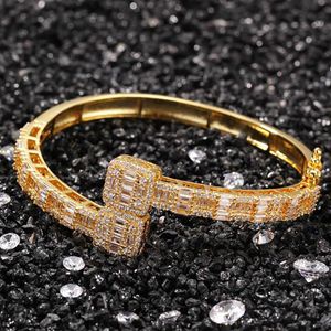 14K Gold Men Ladies Cubic Zirconia Diamond Baguette Square Bangle Bracelet Opening Size Hiphop Jewelry239R