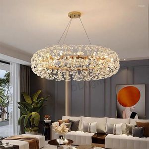 Pendelleuchten Moderne LED-Blumen-Kristall-Deckenleuchter Gold Luxuslampe Wohnzimmer Esszimmer Glanz Kreisförmige Hängeleuchte Dekor