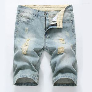 Herr shorts herrens denim elasticitet mode streetwear smal fit rippade män hög kvalitet märke bomullsjeans man