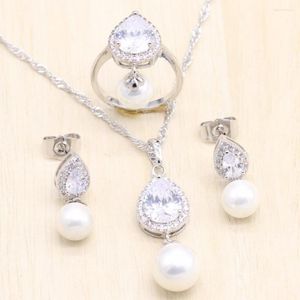 Necklace Earrings Set Heart Shape Cubic Zirconia 925 Sterling Silver Pure White Pearl For Women Pendant Ring Jewelry