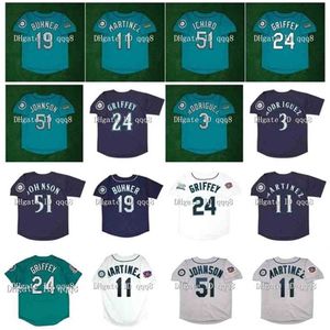 QQQ8 Air01 1994 1997 Retro 24 Ken Griffey Jr. Jersey 3 Alex Rodriguez 19 Jay Buhner 51 Ichiro Suzuki 11 Edgar Martinez dikişli yeşil beyaz gri mavi