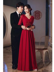 Ubranie etniczne Sukienka Bride Tost Wino Red Wedding zaręczynowe długie eleganckie wieczorne cekinowe aplikacje v decipe vestidos