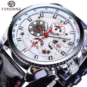 Forsining Marca Uomo Sport Orologi meccanici Automatico Bianco Big 3 Sub Dial Data Orologio da polso in vera pelle polacca militare Gift3064