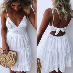 Casual Dresses Zogaa Summer Women Dress Sexig Bow Backless V-ringning Mini Beach Sleeveless Ruffle White