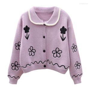 Women's Knits Women Cropped Cardigan 2023 Winter Floral Embroidery Turn Down Collar Knit Sweater Coat Sexy Cardigans Mujer Knitwear Jacket