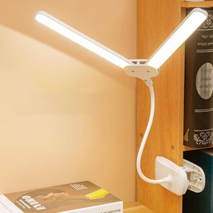 Bordslampor LED -klipplampa laddningsbart dubbelt huvudskrivbord flexibel svenhals USB laddning Touch Dimning