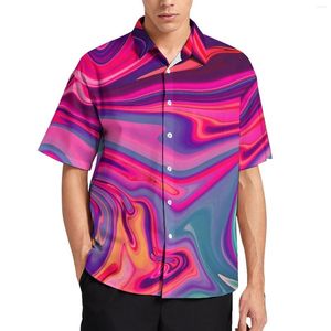 Men's Casual Shirts Neon Abstract Print Vacation Shirt Male Blue Liquid Marble Summer Short Sleeve Design Trending Oversize Blouses