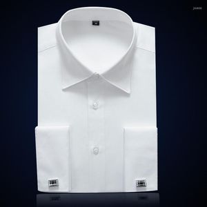 Camisas de vestido masculinas French Cuff Mens Formal Business Camisa Sólida Masculina Luxo Branco Festa de Casamento Smoking com Abotoaduras Manga Longa