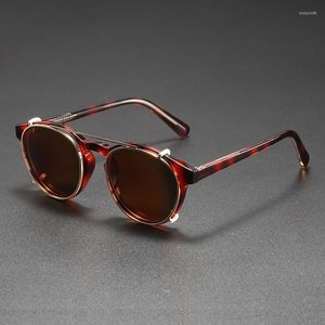 Sunglasses Retro Round Clip On Man TR90 Steampunk Polarized Sun Glasses Woman Brand Vintage Party Double Layer Removable