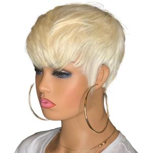 613 Honey Blonde Color Wavy Short Bob Wig With Bangs Pixie Cut No Lace Front Human Hair Wigs For Black Women196C