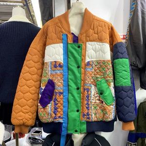 Kvinnor ner parkas vintage nationell stil kontrast färg bomull vadderad kappa orange blå korta baseball rockar höst vinter lös varm bomber jacka 221231