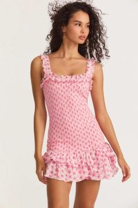 Lässige Kleider Niedliche rosa Baumwolle mit Blumenmuster, gerüschtes Sommer-Lagen-Partykleid, gesmoktes Mieder, sexy Frauen, Y2K-Urlaubskleidung253r