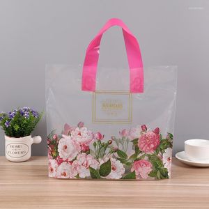 Gift Wrap -selling Small Flower Printed Bags With Handle 10pcs Transparent Plastic 30x25x6cm Clothes Packaging