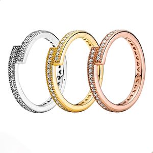 Żółte złoto plisowane błyszczące nakładające się na siebie pierścień z oryginalnym pudełkiem do pandora 925 srebrna biżuteria ślubna dla kobiet Cz Diamentowe pierścionki zaręczynowe