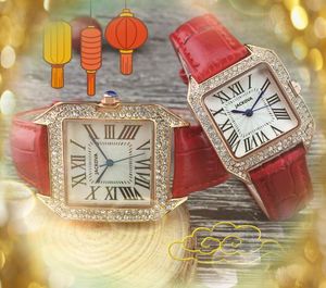 Casal quadrado Roman Dial Watch Luxury Fashion Crystal Diamonds Ring Men Mulheres Genuínas Celrão de Couro Core