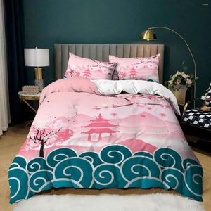 Set di biancheria da letto Set copripiumino giapponese Cultura giapponese Arte orientale Twin Set King Microfiber Sea Wave Cherry Blossoms Comforter