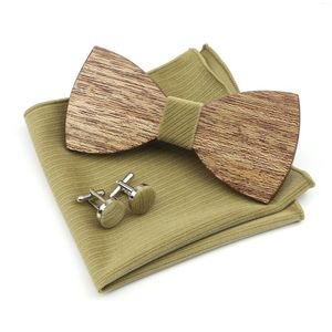 Bow Ties Handmade Wooden Tie Set Super Soft Suede Pocket Square Cufflink For Men Wedding Party Bowtie Butterfly Hanky 3 Pcs Lots