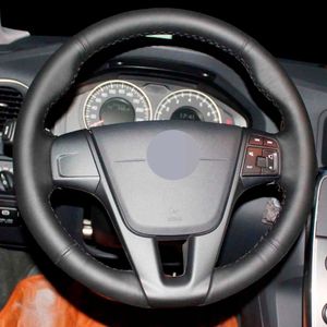 F￶r Volvo S60 2011-2014 V40 V60 XC60 2013-2017 DIY Handstitched Black ￤kta l￤der som inte slipper i l￤der ratt