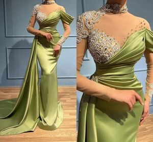 Zielony sati syrena promowe sukienki n iluzja długie rękawowe kryształowy kryształowy plisowany wysoki szyja Aso ebi arabski wieczór Eck eck eck eck